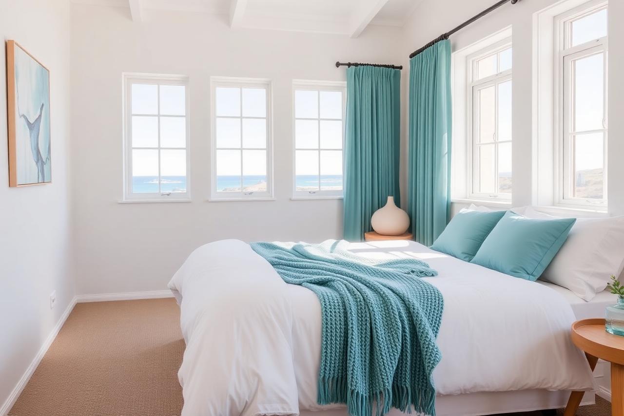 Crisp coastal Airbnb bedroom serviced by Laguna Laundry