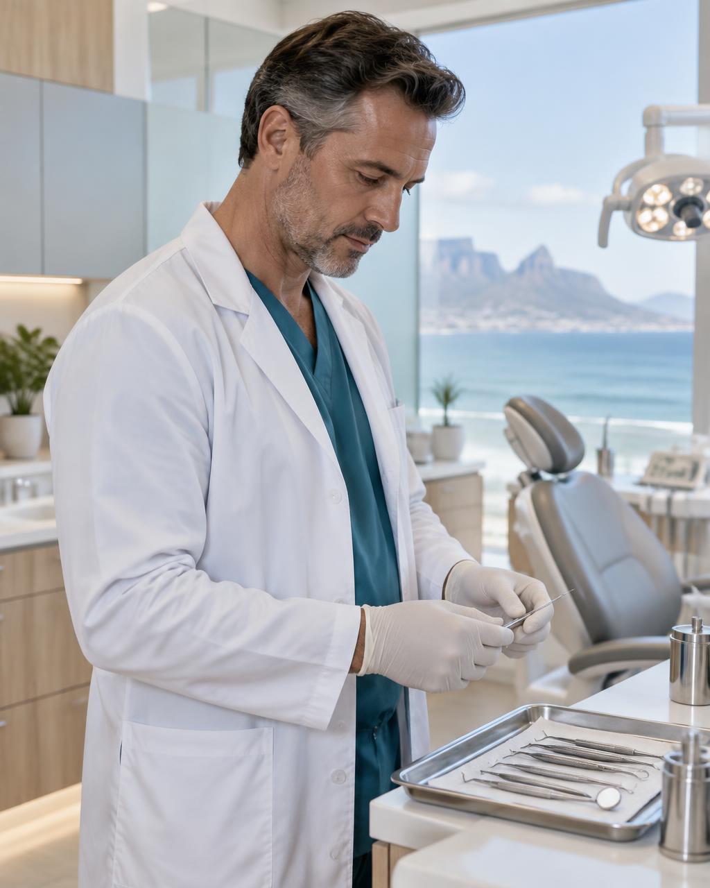 Dentist preparing instruments in a bright treatment room