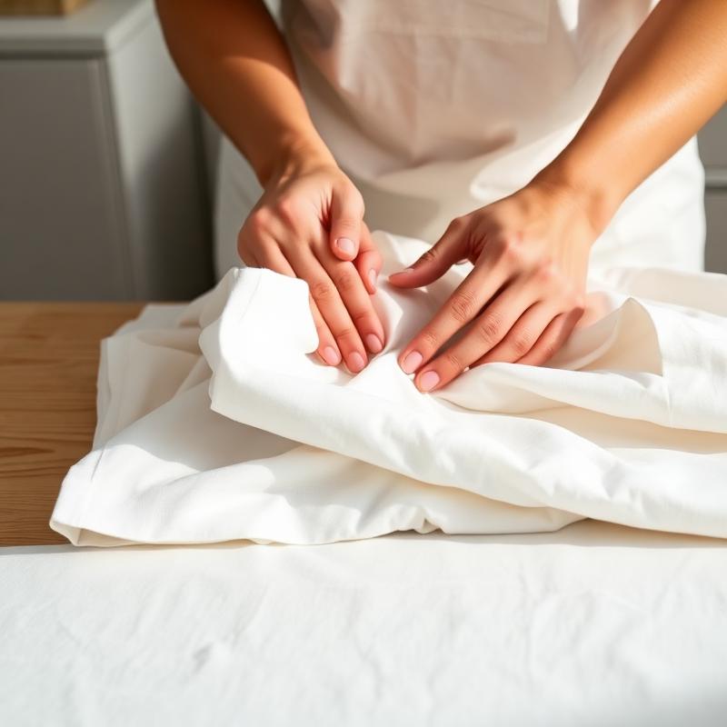 Staff folding crisp white linen